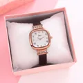 Square rose gold quartz watch with rhinestones and brown leather strap in a gift box - Watch And Box / White