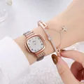 Elegant rose gold square watch with grey leather strap and star charm bracelet set - Watch And Bracelet / White