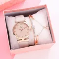 Close-up of elegant rose gold women's watch and diamond bracelet set in a gift box - Beige Watch + Bracelet + Gift Box