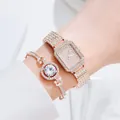 Elegant rose gold square watch and sparkling crystal bracelet set on woman wrist - Rose Gold + Bracelet