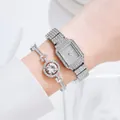 Elegant women's silver square quartz watch set with full diamond jewelry bracelet - Silver + Bracelet