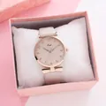 Detail of quartz watch with rose gold bow and cream leather strap in gift box - Beige + Box