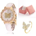 Coffret montre quartz femme et bracelet papillon doré avec boîte cadeau rose - Coffret Montre Blanche avec Bracelet et Boîte Cadeau