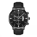 Detail of all-black chronograph watch featuring a matte leather strap and three sub-dials - Black Case Black Dial Black Strap Silver Pointers