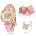 Montre en cuir rose avec cadran papillon et ensemble de bracelet assorti en strass - Rose + Bracelet + Boîte