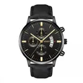 Close-up of black chronograph watch dial with gold markers and three functional sub-dials - Black Case Black Dial Gold Hands
