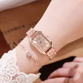 Elegante reloj cuadrado de oro rosa con esfera de diamantes y pulsera a juego - Oro Rosa + Pulsera