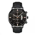 Detail view of the black chronograph watch face with rose gold indices and date window - Black Case Black Dial Black Strap Rose Gold Pointers