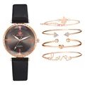 Montre à quartz pour femme avec bracelet PU noir et quatre bracelets en or rose - Combinaison de Montres et d'Accessoires / Noir