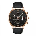 Men's rose gold chronograph watch with black leather strap and calendar display - Rose Gold Case Black Dial Black Strap