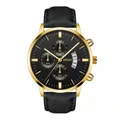 Close-up of golden chronograph watch face with black leather strap and calendar detail - Gold Case Black Dial Black Strap