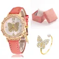 Gros plan sur ensemble montre papillon élégant avec bracelet pailleté et boîte cadeau - Montre Bracelet Et Boîte Orange