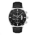 Close-up of men's business chronograph watch with silver case and black leather strap - Silver Case Black Dial Black Strap