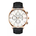 Detail view of rose gold men's chronograph watch with black leather strap and calendar - Rose Gold Case White Dial Black Strap