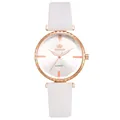 Reloj clásico con correa de cuero PU blanco y caja de oro rosa con detalle de cristal - Estilo Solo Reloj / Blanco