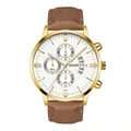 Detail view of gold mens watch dial with three sub-dials and brown leather strap - Gold Case White Dial Brown Strap