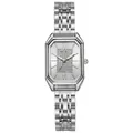 Dettaglio dell'orologio quadrato in argento con quadrante stellato e numeri romani eleganti - Quadrante Bianco Argento
