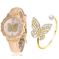 Montre papillon dorée avec lunette en diamants et bracelet en perles assorti - Montre Et Bracelet Kaki