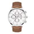 Men's VOSHT silver stainless steel chronograph watch with white dial and brown leather strap - Silver Case White Dial Brown Leather Strap