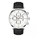 Detail of white dial chronograph watch with date window and black leather strap - Silver Case White Dial Black Strap