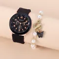Set de reloj de cuarzo para mujer con correa de silicona negra y pulsera de perlas y mariposa - Reloj Negro Y Pulsera Con Caja Roja