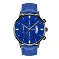 Detail of blue chronograph watch face with three sub-dials and visible calendar date window - Black Case Blue Dial Blue Strap
