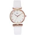 Detail of rose gold watch case with white faux leather strap and bow decoration - White