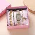 Elegant gold quartz watch set with three matching bracelets in a premium pink gift box - With Gift Box / Gold Style