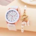 Set de reloj minimalista de silicona blanca con caja de oro rosa y pulsera de perlas - Reloj Blanco Y Pulsera Con Caja Roja
