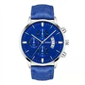 Detail of blue dial chronograph watch with date display and silver stainless steel case - Silver Case Blue Dial Blue Strap
