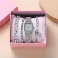 Chic square rhinestone watch with a silver chain bracelet set in a pink gift box - With Gift Box / Silver Style