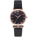 Detail of rose gold watch with black leather strap and unique bow-shaped metal lugs - Black