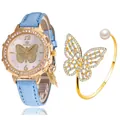 Coffret montre femme luxe et bracelet papillon avec bracelet bleu pailleté et perle - Montre Et Bracelet Bleu Ciel