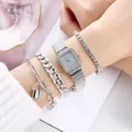 Close-up of a silver quartz watch and bracelet set with sparkling rhinestone inlay - Gift Box Not Included / Silver Style