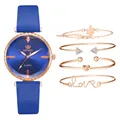 Montre quartz femme avec bracelet cuir bleu et quatre bracelets or rose élégants - Combinaison de Montres et d'Accessoires / Bleu