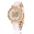 Women's quartz watch with gold butterfly dial, rhinestone bezel and white leather strap - White Watch Only