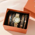 Luxury diamond women's watch and gold bracelet set in an elegant orange gift box - Gold Watch And Bracelets With Orange Litchi Box