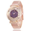 Detail of rose gold mesh band watch with purple starry dial and floating diamonds - Purple