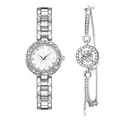 Detail of silver women's watch with rhinestone bezel and matching diamond bracelet - Silver Watch + Bracelet
