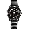 All black quartz watch with flexible elastic metal band and bold white Arabic numerals - Black Case Black Dial (Men)