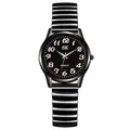 Minimalist black quartz watch with stretch band and high contrast white numerals - Black Case Black Dial (Women)