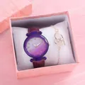 Women's watch and heart bracelet set in gift box with purple glitter dial and leather strap - Watch+Bracelet+Box / Purple
