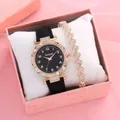Set orologio con quadrante stellato e bracciale a cuore in confezione regalo rosa - Orologio nero + bracciale + confezione regalo
