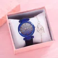 Starry sky quartz watch with rose gold bracelet in a pink gift box set - Watch+Bracelet+Box / Blue