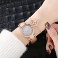 Close-up of rose gold watch with silver glitter dial and matching double heart bracelet - Watch+Bracelet / Rose Gold