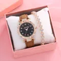 Set orologio al quarzo da donna e bracciale a cuore con quadrante cielo stellato - Orologio Marrone + Bracciale + Confezione Regalo