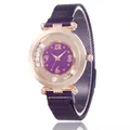 Detail of purple glitter dial watch with rolling diamonds and magnetic mesh band - Purple