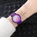 Elegant women's purple leather watch set with a gradient glitter dial and heart bracelet - Watch+Bracelet / Purple