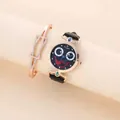 Detail of quartz watch with smiley face dial and rose gold geometric bracelet set - Watch And Bracelet / Black