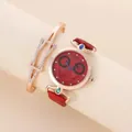 Women's rose gold watch and bracelet set with red dial and rhinestone details - Watch And Bracelet / Red